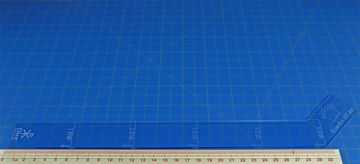 60mm Ruler with Fire Arc Dux Bellorum Transparent Light Blue