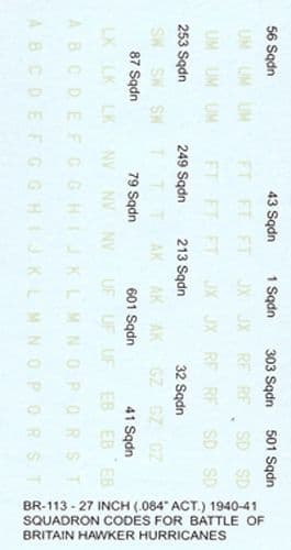 Decals WWII British Hurricane Squadron Codes 1/300