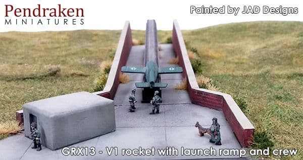 V1 rocket with launch ramp and crew